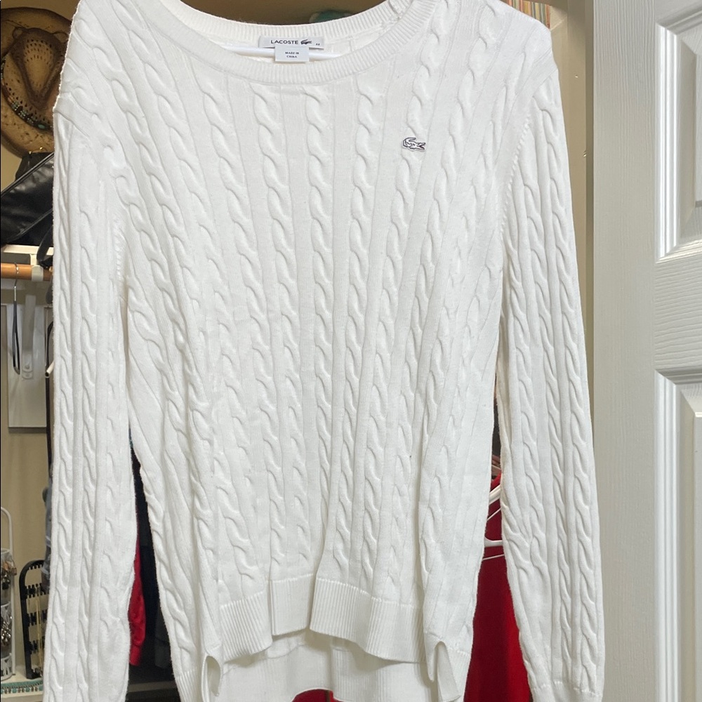 Lacoste White Cable-Knit Scoop Neck Sweater